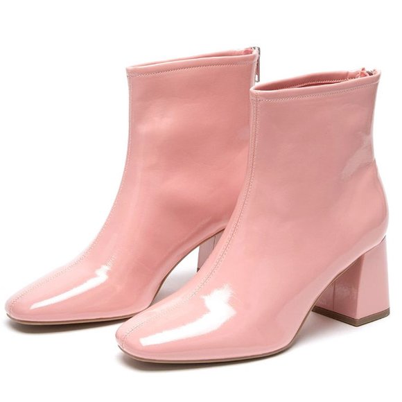 Shoes - New Women Pink Patent Square Toe Ankle Boots Booties
